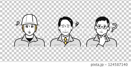 A simple character icon set of middle-aged and senior men wearing work clothes with a worried expression A simple character icon set of middle-aged and senior men wearing work clothes with a worried expression 124587140