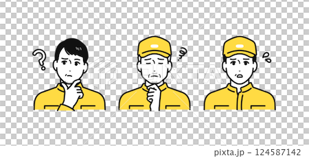 A simple icon set of middle-aged and senior men wearing overalls with a worried expression 124587142