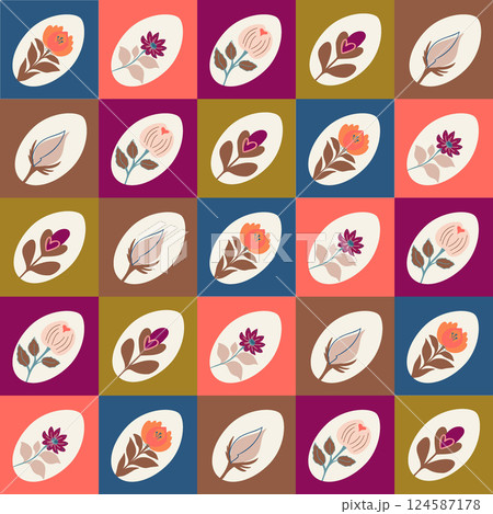Seamless checkered pattern with bright Easter eggs decorated with flowers inside in different retro shades. 124587178