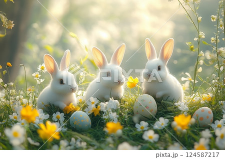 Family white rabbits among spring flowers and Easter eggs in the grass 124587217