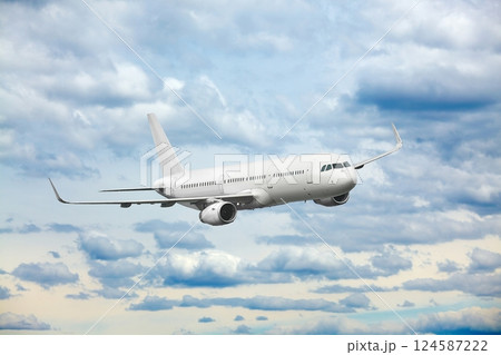 Passenger Aircraft Mid-air, Plain White Airplane Passenger Aircraft Mid-air, Plain White Airplane 124587222