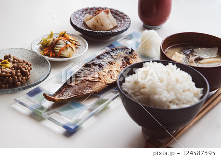 塩サバの納豆定食(塩サバ・ごはん・エリンギと大根と揚げのお味噌汁・納豆・大根の梅煮・白菜の漬物) 塩サバの納豆定食(塩サバ・ごはん・エリンギと大根と揚げのお味噌汁・納豆・大根の梅煮・白菜の漬物) 124587395
