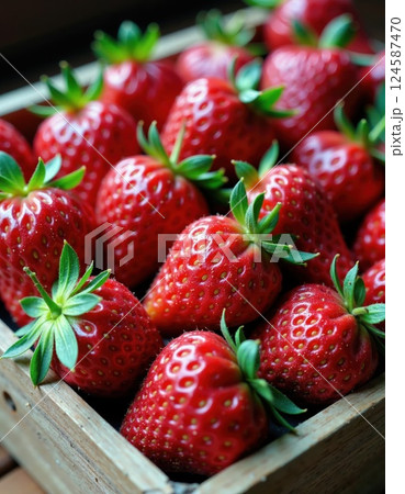 Fresh ripe strawberries in wooden container: vibrant red berries for culinary and organic food projects 124587470