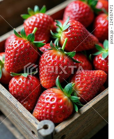 Freshly harvested ripe strawberries in rustic wooden crate - concept of organic farm produce and summer fruit delight 124587471