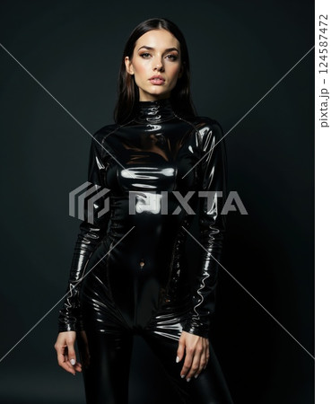Futuristic fashion design: sleek black latex bodysuit for modern style inspiration 124587472