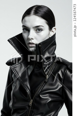 Futuristic fashion portrait featuring sleek black leather jacket with edgy design and modern elegance 124587473
