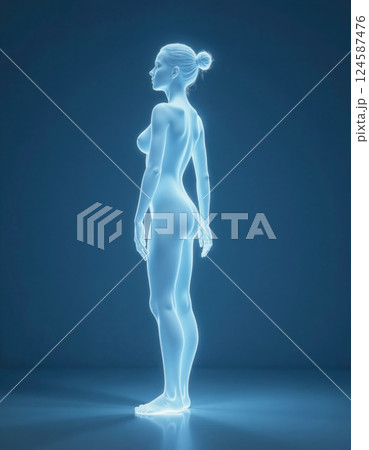 Futuristic holographic female figure in minimalist blue hue for modern design concepts 124587476