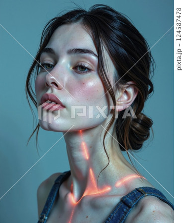 Futuristic portrait with holographic light and denim fashion trend 124587478