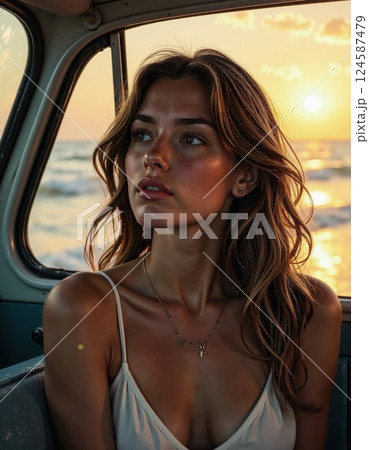 Golden hour beach reflections: serene sunset portrait in vintage car interior 124587479