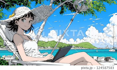 ワーケーション：休暇を楽しみながら仕事をしている女性