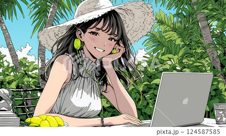 ワーケーション：休暇を楽しみながら仕事をしている女性