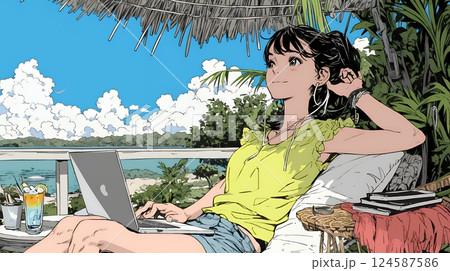 ワーケーション：休暇を楽しみながら仕事をしている女性