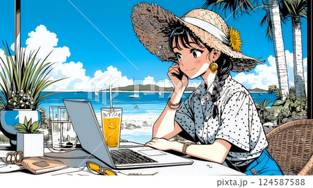 ワーケーション：休暇を楽しみながら仕事をしている女性