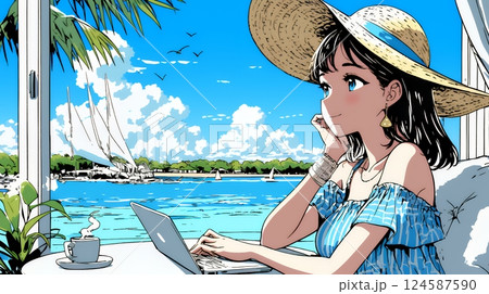 ワーケーション：休暇を楽しみながら仕事をしている女性