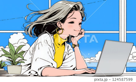 ワーケーション：休暇を楽しみながら仕事をしている女性