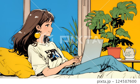 ワーケーション：休暇を楽しみながら仕事をしている女性