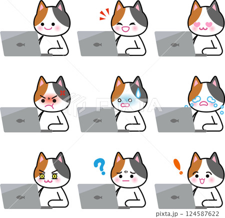 パソコンで作業するミケ猫 124587622