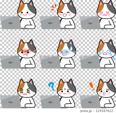 パソコンで作業するミケ猫 124587622