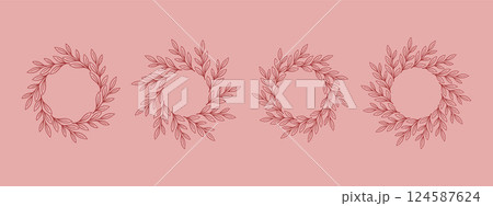 Simple flower circle frame set. Hand drawn red round line border, leaves and flowers, wedding invitation and cards, logo design and posters template. Elegant minimal style floral vector isolated set 124587624