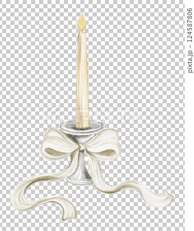 Watercolor illustration of a glowing candle in an antique candlestick. Vintage artwork for invitations, greeting cards, book covers, and packaging. Mystical, gothic design nostalgia, and romance. 124587806