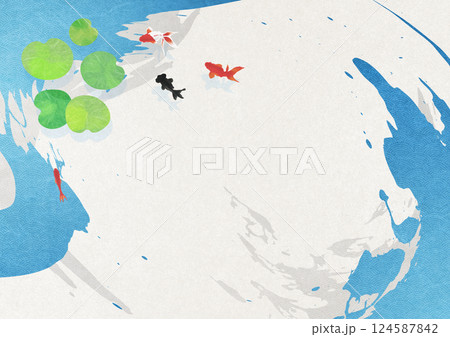 毛筆で描いたような躍動感のある線の上を金魚が優雅に泳ぐ 124587842