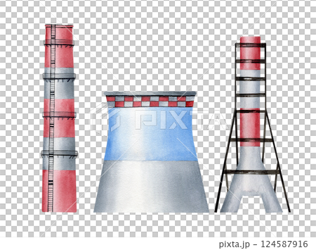 Industrial city factories watercolor set isolated on white. Environmental pollution concept with plant pipes background for global warming and heavy industry designs. Different types of smoke stack 124587916
