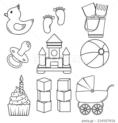 a set of isolated children's elements in the doodle style, contour coloring 124587918