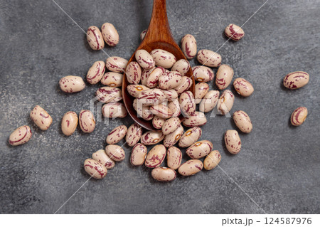 Wooden spoon full of dried pinto beans on gray top view. Traditional Latin American legumes Wooden spoon full of dried pinto beans on gray top view. Traditional Latin American legumes 124587976