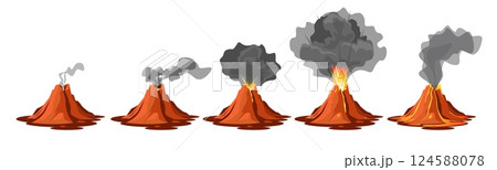 Active volcano animation. Time lapse red hot lava eruption process, natural seismic activity, mountain rock crater, cartoon flat style isolated on white background qualitative vector set Active volcano animation. Time lapse red hot lava eruption process, natural seismic activity, mountain rock crater, cartoon flat style isolated on white background qualitative vector set 124588078