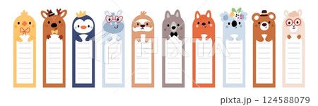 Animal bookmarks templates. Cute kids paper stickers, decorative cardboard labels with bear, penguin, chicken and deer, copy space for text cartoon flat style isolated garish vector set Animal bookmarks templates. Cute kids paper stickers, decorative cardboard labels with bear, penguin, chicken and deer, copy space for text cartoon flat style isolated garish vector set 124588079