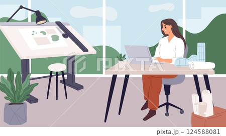 Architect creator works. Female design engineer makes project, professional builder workplace with drawing board, territory planning, woman in office, cartoon flat isolated garish vector concept 124588081