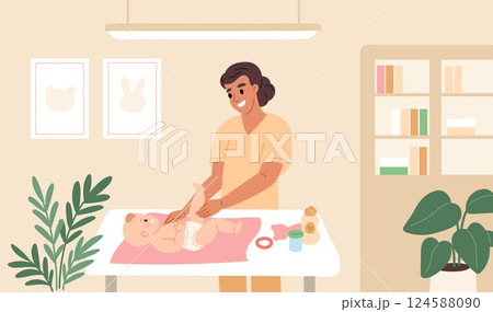 Child massage therapist at work. Baby masseur, infant professional health care, nurse massaging newborn on table, medical procedure cartoon flat style isolated garish vector concept Child massage therapist at work. Baby masseur, infant professional health care, nurse massaging newborn on table, medical procedure cartoon flat style isolated garish vector concept 124588090