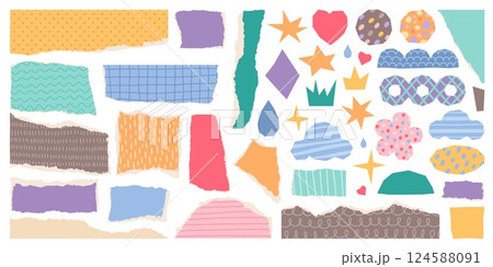 Color torn paper. Cut pieces with uneven edges and patterns, patchwork or scrapbooking fragments, collage art elements, isolated decorative abstract fragments, sticker classy vector set 124588091