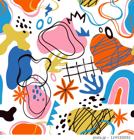 Colorful abstract seamless pattern. Irregular random shapes collage, repeated trendy elements, contemporary design, minimal textile, wrapping, wallpaper. Print for fabric tidy vector background 124588092