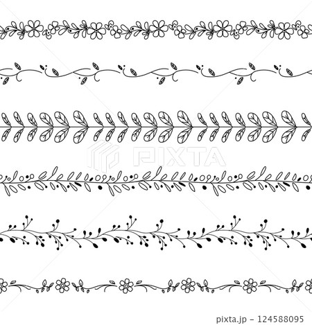 Decorative floral seamless borders. Books and cards dividers or frames, botanical outline design, hand drawn modular curve ornaments, line floral doodle decoration decent vector isolated set 124588095