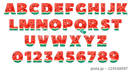 Funny summer watermelon alphabet. Trendy juicy font, fresh sweet fruit english letters and numbers, kids tasty abc design, trendy marmalade food typeface, recent vector isolated cartoon set 124588097