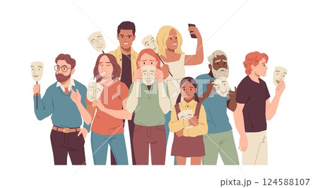 People group with social masks. Angry, sad persons holding fake smiling faces standing, character negative emotion, psychological problem, cartoon flat style isolated tidy vector concept 124588107