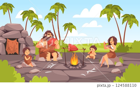 Primitive family having lunch. Stone age people eat meat around campfire, parents with kids in animal skins, cavemen, prehistoric barbarian cartoon flat style isolated tidy vector concept Primitive family having lunch. Stone age people eat meat around campfire, parents with kids in animal skins, cavemen, prehistoric barbarian cartoon flat style isolated tidy vector concept 124588110
