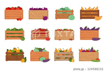 Wooden boxes with vegetables and fruits. Organic market pack, harvest in containers, agriculture crates, storage, export fresh natural food, cartoon flat style isolated nowaday vector set Wooden boxes with vegetables and fruits. Organic market pack, harvest in containers, agriculture crates, storage, export fresh natural food, cartoon flat style isolated nowaday vector set 124588132
