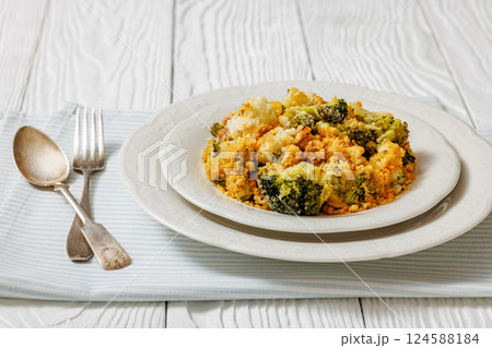 broccoli cauliflower casserole on plate, top view broccoli cauliflower casserole on plate, top view 124588184