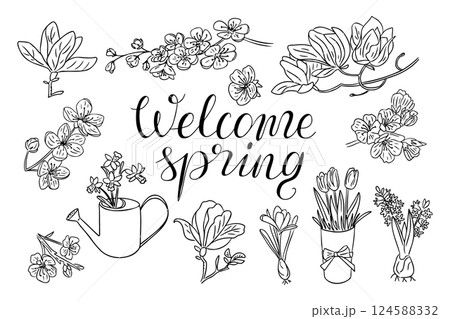 Welcome spring hand drawn lettering with doodles Welcome spring hand drawn lettering with doodles 124588332
