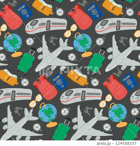 Seamless travel pattern with transport and items 124588337