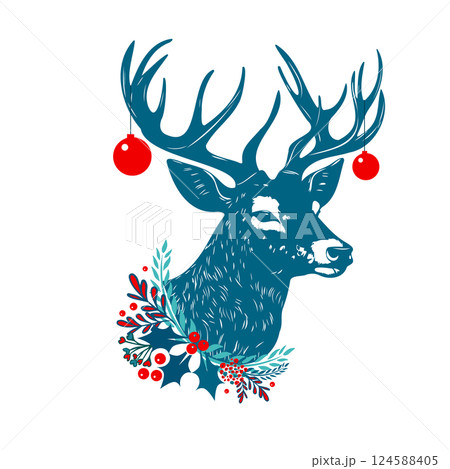 Christmas deer. Merry Christmas card. hand drawing. Not AI, Vector illustrations. 124588405