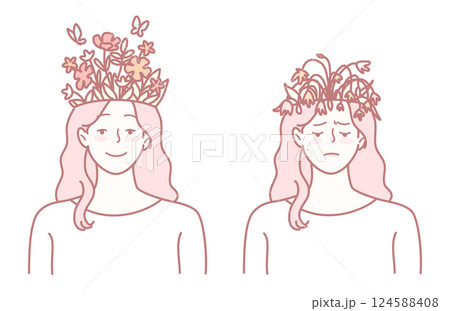 Contrasting Emotions Beautiful Flower Crown Illustrations Reflecting Deep Feelings and Mood 124588408