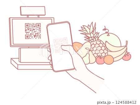 A modern checkout with a QR code and groceries illustration, emphasizing cashless convenience A modern checkout with a QR code and groceries illustration, emphasizing cashless convenience 124588412