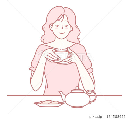 Relaxing Tea Time with a Woman Enjoying a Warm Cup of Tea, Perfect for a Calm Afternoon 124588423