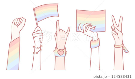 Hands in the air raising vibrant Rainbow Flags and various Symbols of Pride together Hands in the air raising vibrant Rainbow Flags and various Symbols of Pride together 124588431