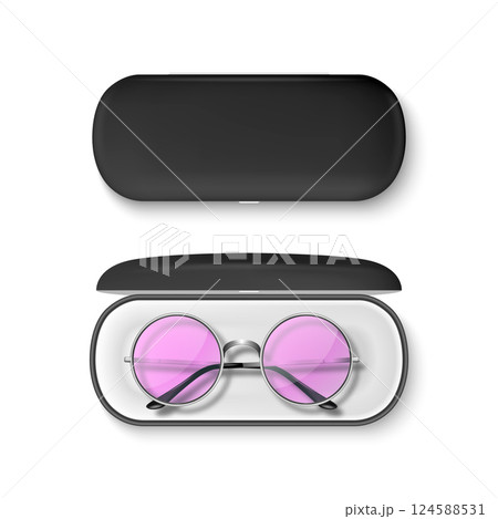 Vector 3D Realistic Round Sunglasses with Metal Frame and Hard Black Case. Stylish Vintage Eyeglasses in Open and Closed Protective Case. Design Template for Optics, Fashion, Eyewear Branding Vector 3D Realistic Round Sunglasses with Metal Frame and Hard Black Case. Stylish Vintage Eyeglasses in Open and Closed Protective Case. Design Template for Optics, Fashion, Eyewear Branding 124588531