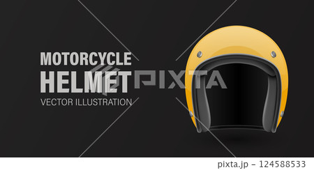 Vector 3D Realistic Yellow Classic Vintage Open-Face Motorbike Helmet. Glossy Motorcycle Helmet Design Template for Mockup. Front View. Motorcycle Helmet Icon, Closeup, Isolated 124588533