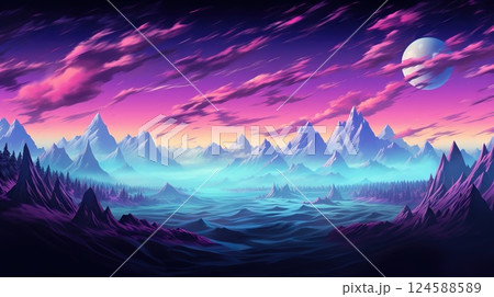 Dreamscape Revival Fantasy 1990s Landscape - Mountains, Synthwave Vaporwave, Pink and Blue Ultrawide Panorama Banner Background. created with Generative AI 124588589